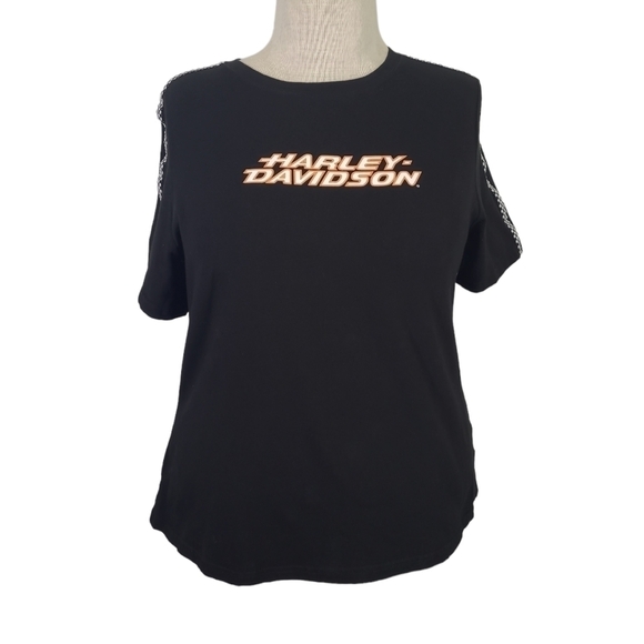 HARLEY Davidson Moto Black Logo T-Shirt with Racing Checkered Sleeve Stripe - Picture 1 of 8